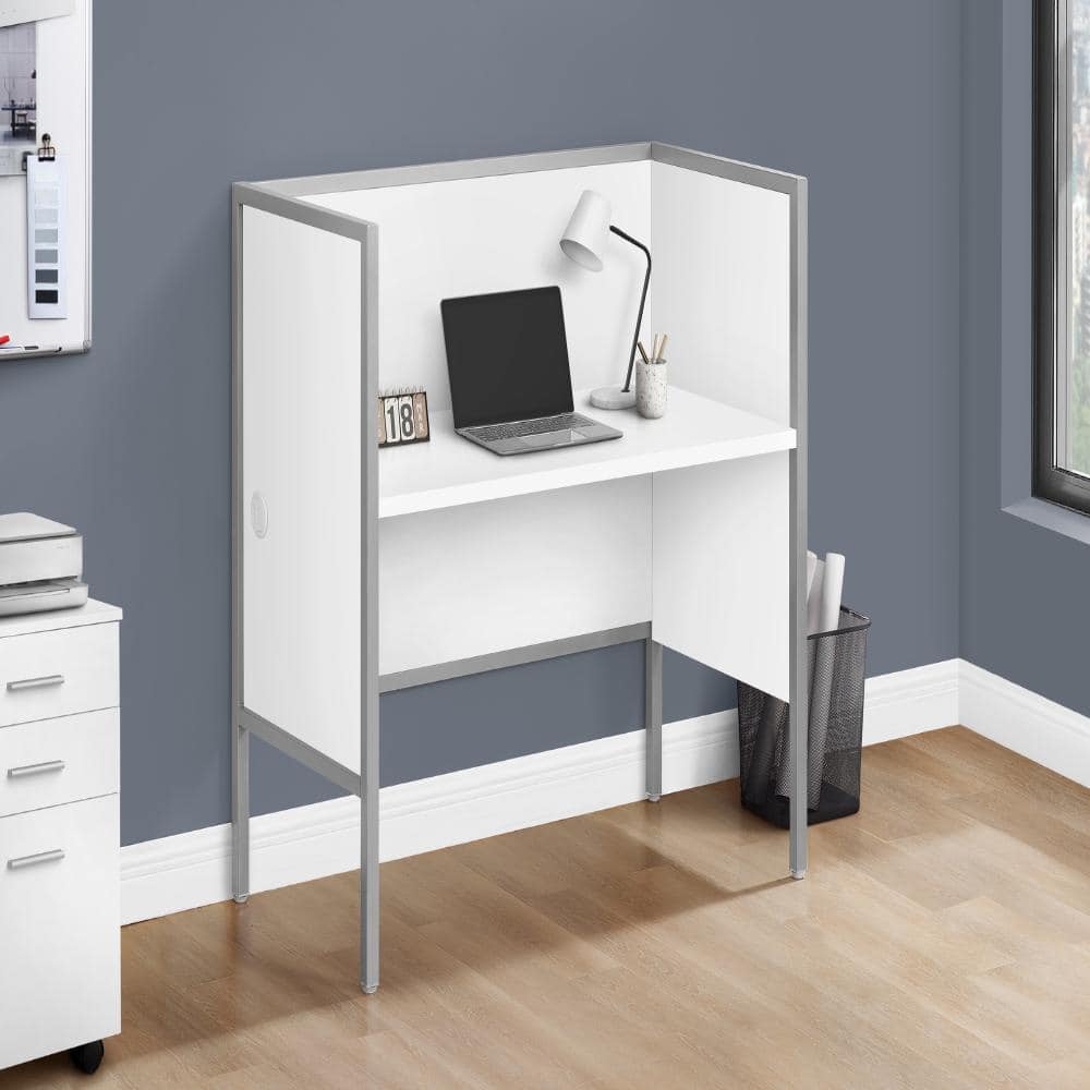 White Office Cubicle Desk with Privacy Panel, Silver Frame, Cable Hole price history on PriceWatchPro