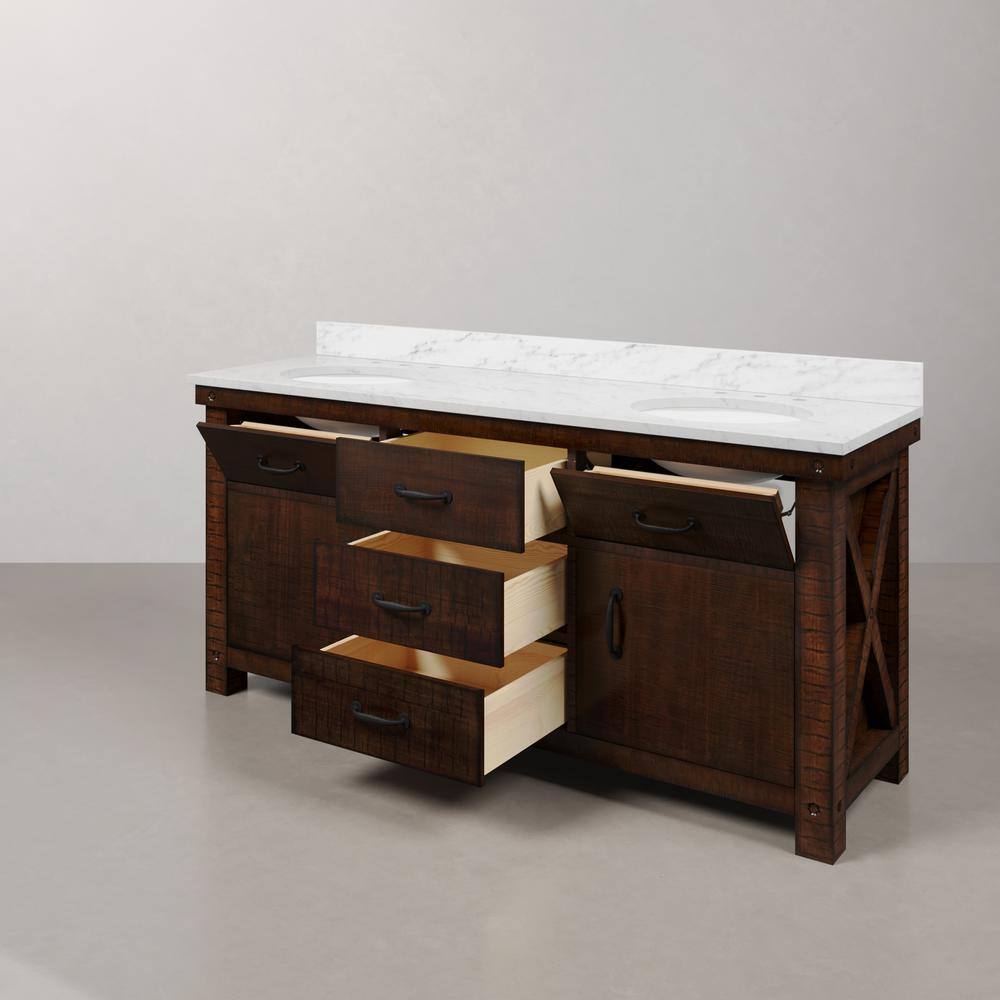 Aberdeen 72" Double Sink Rustic Sierra Vanity with Carrara White Marble Top