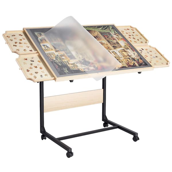 1500-Piece Puzzle Table with Legs 4 Drawers and Cover 34 in. x 25 in. Portable Wooden Board w/ Wheels Adjustable Height