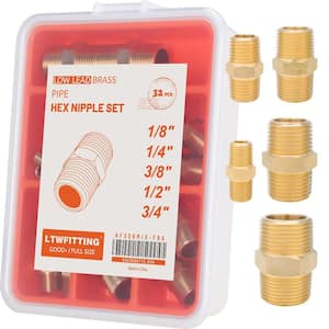 Assortment Kit 1/8-Inch 1/4-Inch 3/8-Inch 1/2-Inch 3/4-Inch NPT Male Brass Pipe Hex Nipple Set (32-Pack)