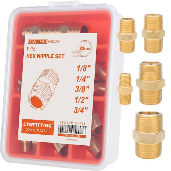 LTWFITTING Assortment Kit 1/8-Inch 1/4-Inch 3/8-Inch 1/2-Inch 3/4-Inch NPT Male Brass Pipe Hex Nipple Set (32-Pack)