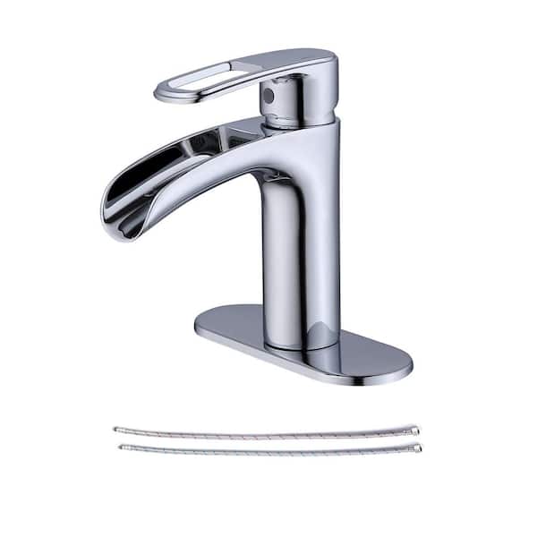 RAINLEX Single-Handle Waterfall Spout Single-Hole Bathroom Faucet with Deckplate and Supply Line in Chrome