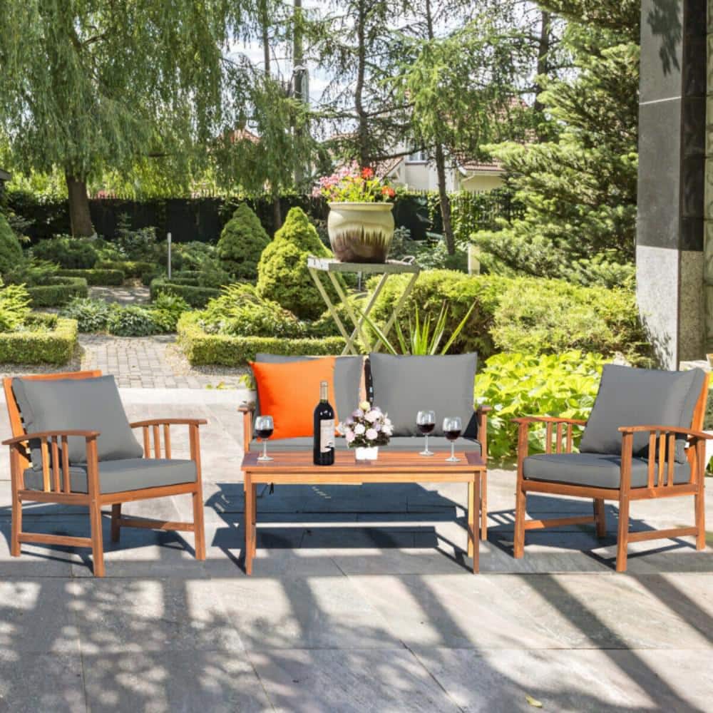 4-Piece Brown Acacia Wood Patio Set with Gray Cushions