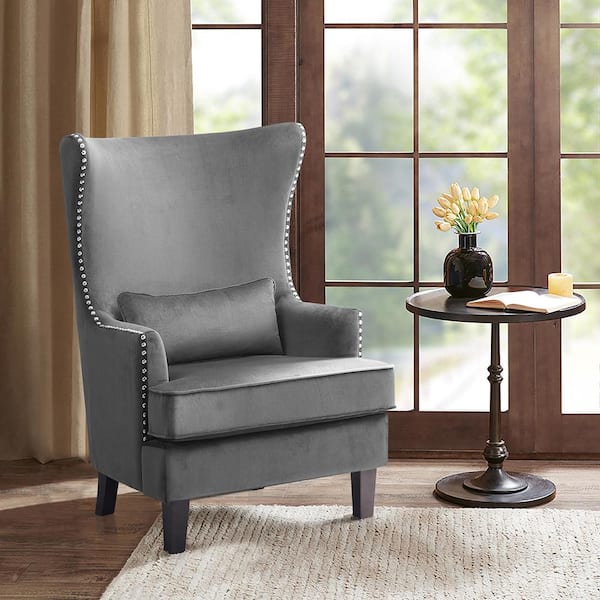 Lazzara Narcine Gray Velvet Wingback Chair with Lumbar Pillow