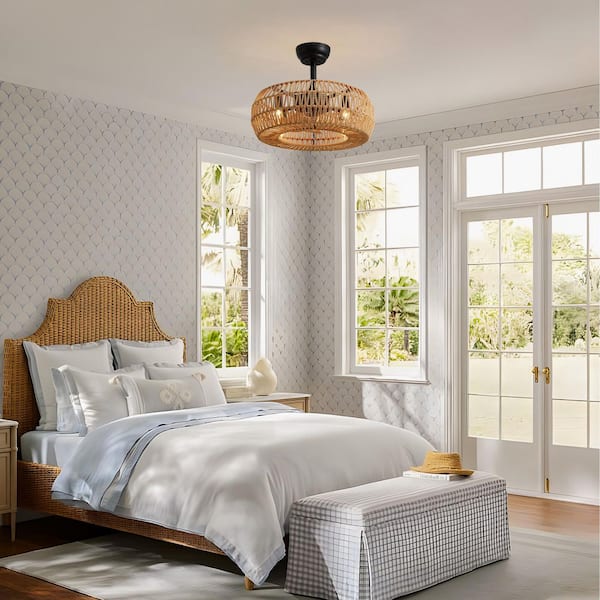 20 in. Indoor Small Boho Ceiling Fan with Light and Remote Hand Woven Rattan Caged Bedroom Fandelier Black Downrod Mount