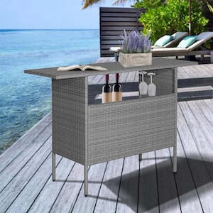 Patio Wicker Outdoor Bar Table with Metal Shelves
