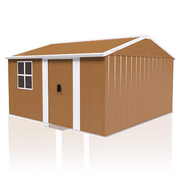 12 ft. W x 10 ft. Brown Iron Lockable Storage Shed with Windows, Lockable Door for Backyard, Lawn