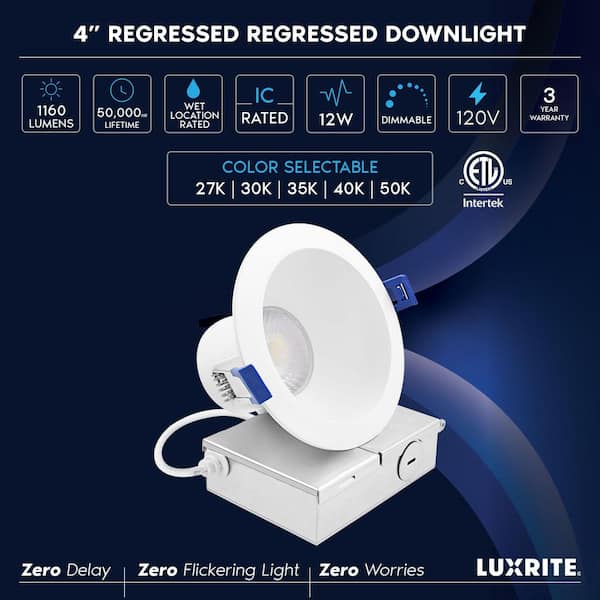 4 in. Integrated LED Recessed Light J-Box 12W 5CCT 1160 Lumens Dimmable Canless Downlight Wet Rated IC Rated ETL