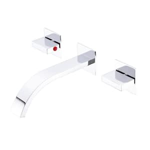 Double Handle Wall Mounted Bathroom Faucet and Hot and Cold Indicator in Brushed Chrome