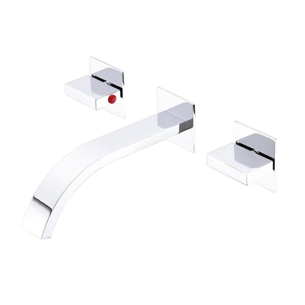 Lukvuzo Double Handle Wall Mounted Bathroom Faucet and Hot and Cold Indicator in Brushed Chrome