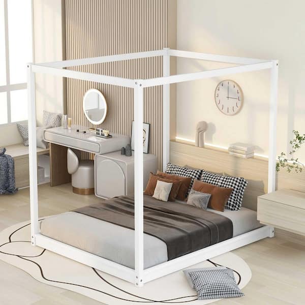 Polibi White Wood Frame Queen Size Platform Bed with Support Legs