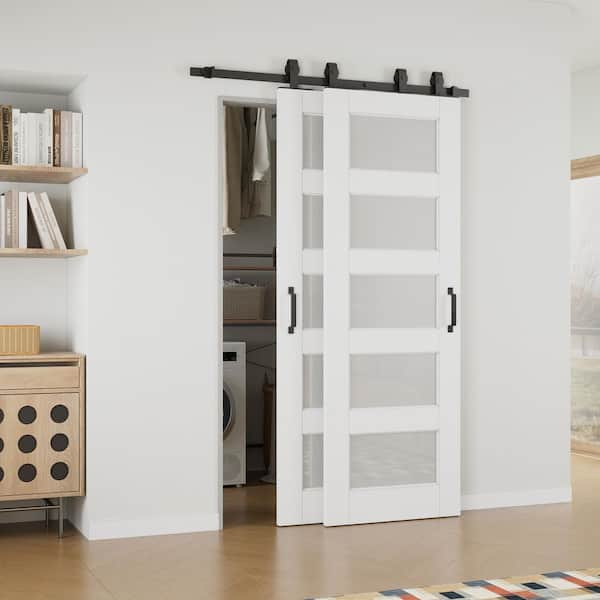 48 in. x 80 in. (Double 28 in. ) 5-Lite Frosted Glass White Primed MDF Sliding Barn Door with Hardware Kit Bypass
