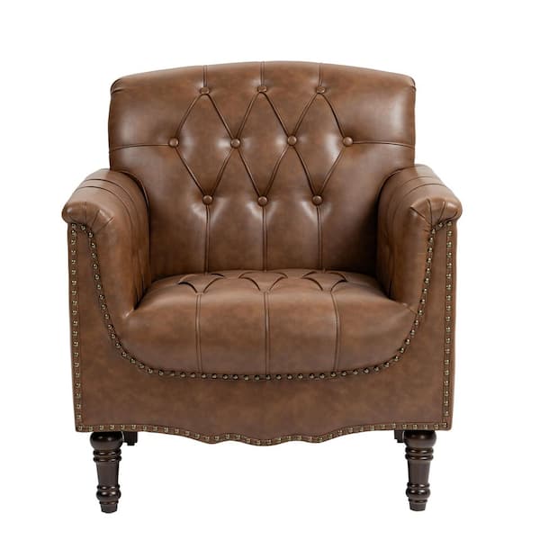 Mid-Century Brown Faux Leather Button Tufted Accent Arm Chair with Wood Legs (Set of 1)