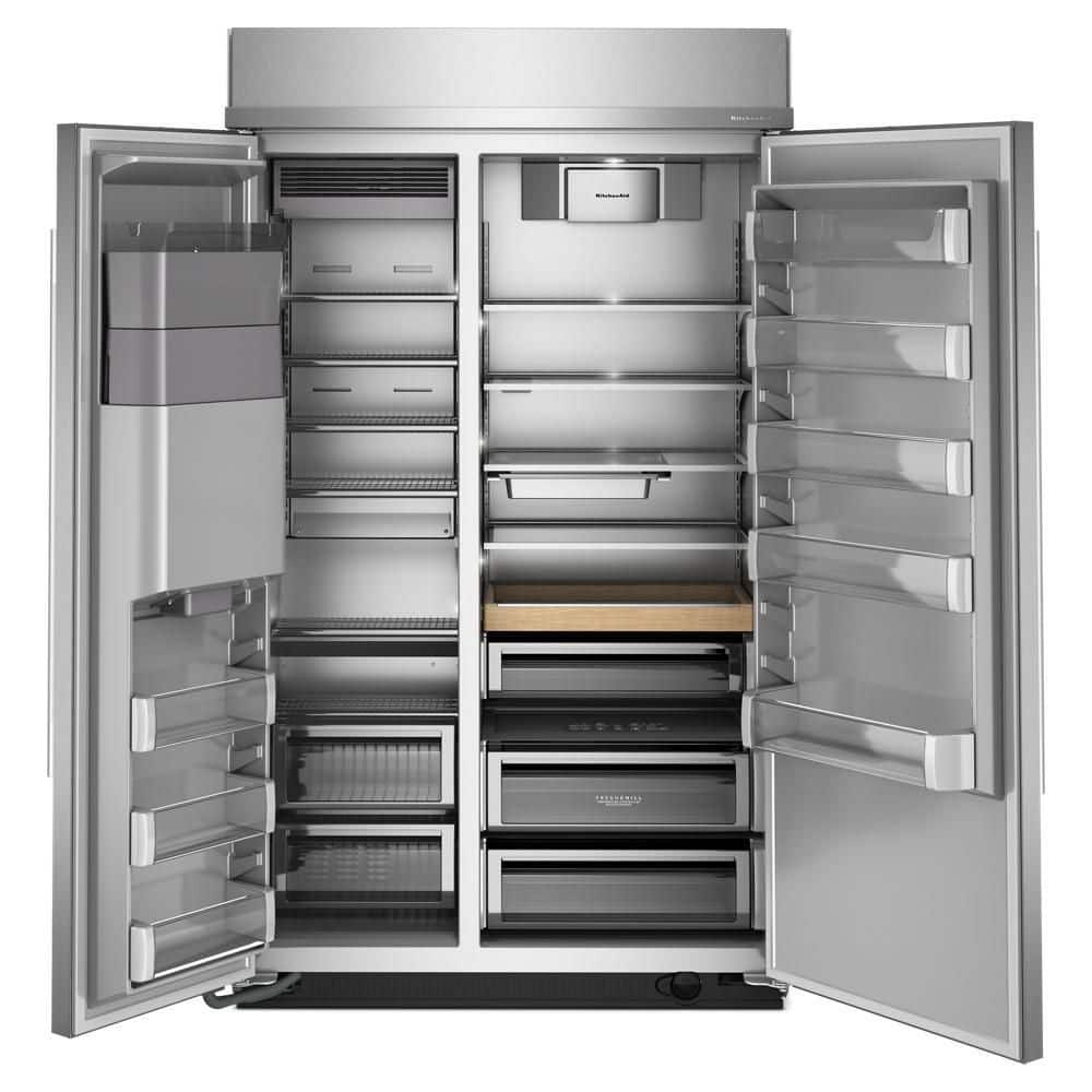 KitchenAid 29.4 Cu. Ft. 48" Built-In Side-By-Side Refrigerator Features Exterior Water & Ice Dispenser w/ Measured Fill in Stainless Steel KBSD748SPS on Fridge.com