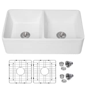 Ceramic 33 in. Double Bowl Round Corner Farmhouse Apron Kitchen Sink with Bottom Grid and Strainer