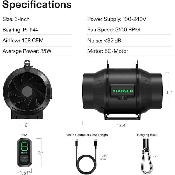 VIVOSUN AeroZesh T6 408 CFM Inline Duct Fan with E12 Speed 