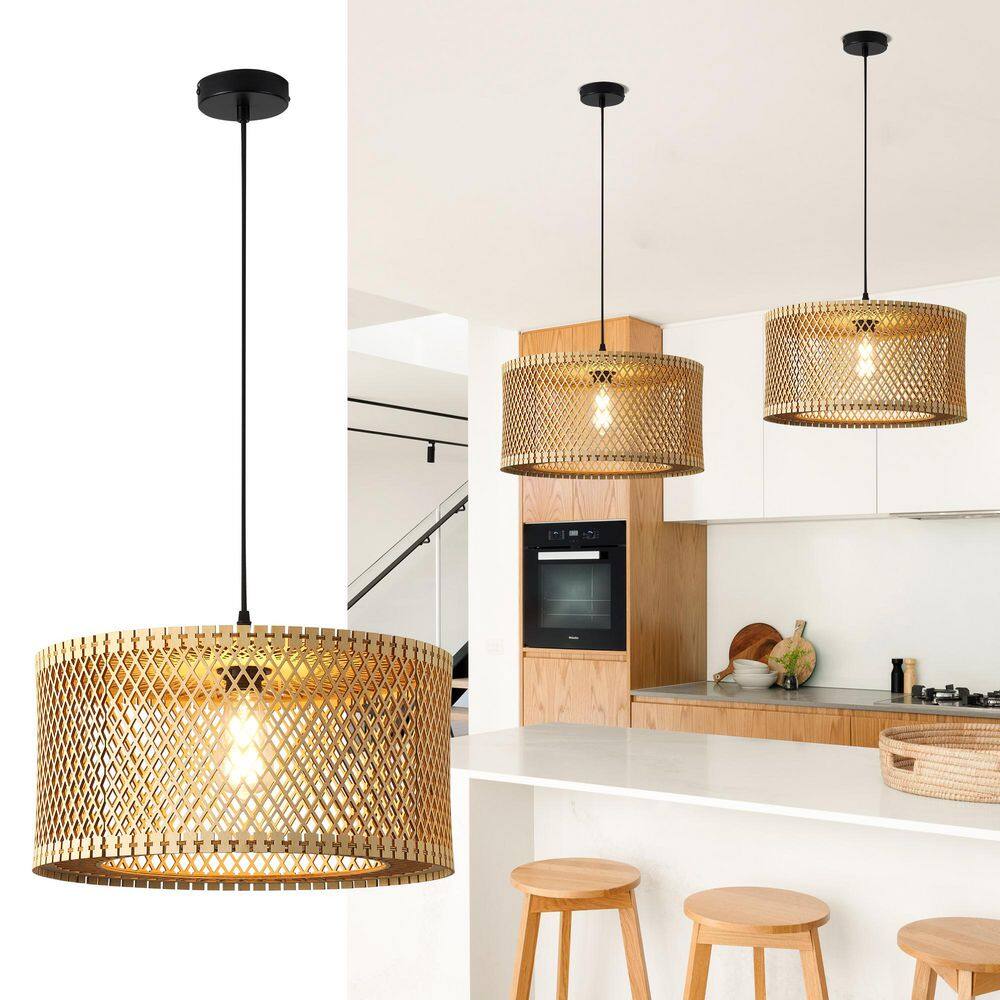 60-Watt 1 Light Black Drum Boho Farmhouse Dimmable Pendant Light with Wooden Shade for Living Room, No Bulbs Included price history on PriceWatchPro