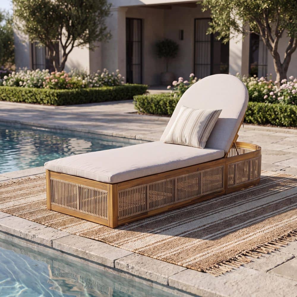 Teak Finish Wood and Wicker Adjustable Patio Outdoor Chaise Lounge with Beige Cushions