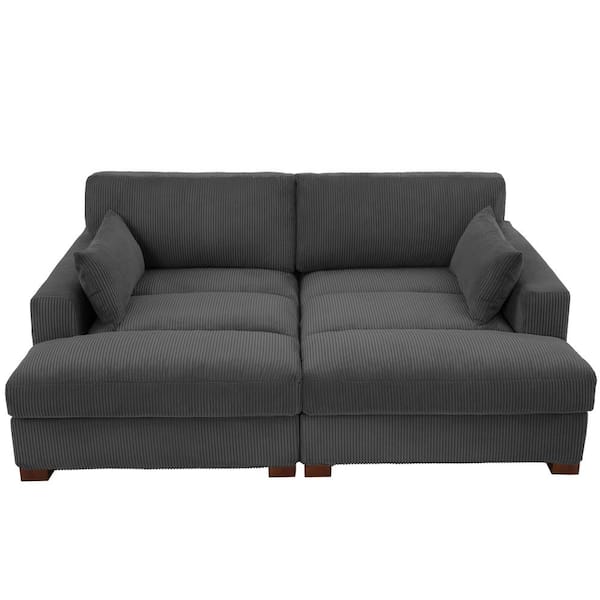 Uixe 83.9 in. Modern Square Arm Corduroy Fabric Upholstered Sectional Sofa in. Gray With Two Pillows And Wood Leg