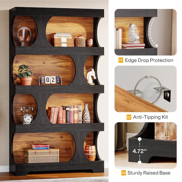 Eulas 71 in. Tall 4-Tier S-Shaped Black MDF Bookcase for Home Office