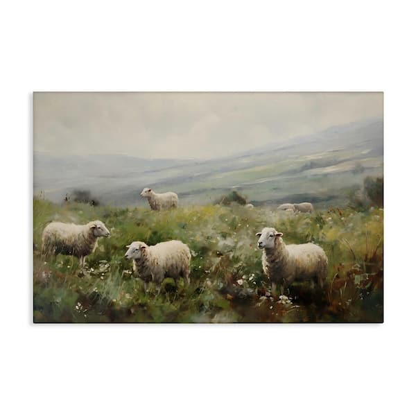 Misty Sheep Pasture by Petal Prints Design 1-Piece Unframed Nature Graphic Art Print 20 in. x 30 in.