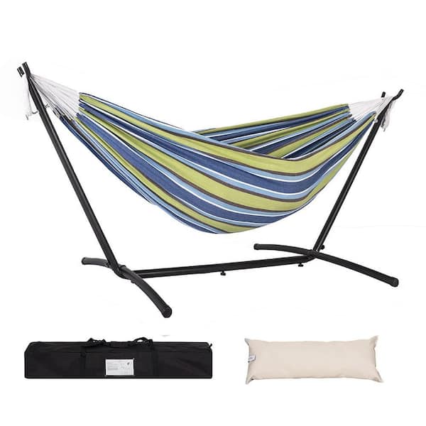 AURA OUTDOOR 9 ft. 2-Person Double Classic Camping Outdoor Cotton Hammocks with Steel Stand