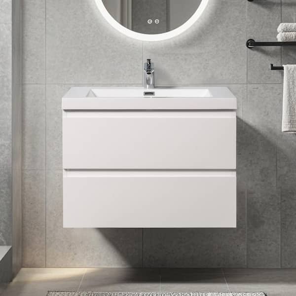 30 in. Wall-Mounted Floating Bath Vanity in Gloss White with Single Solid Surface Sink Top in White