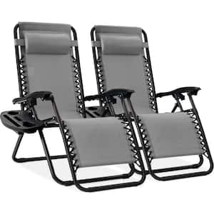 Ice Gray Metal Zero Gravity Reclining Lawn Chair with Cup Holders (2-Pack)