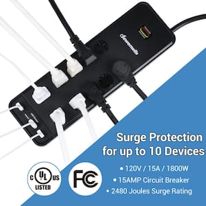 15 ft. 10-Outlet Surge Protector Power Strip with 4-USB Ports, 2480 J, Black