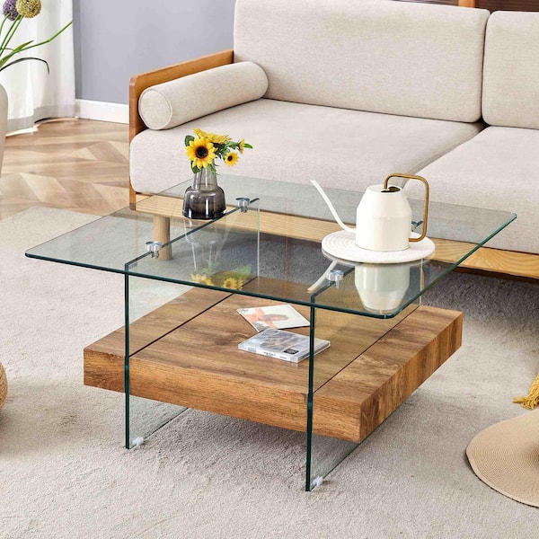 31.4 in. Natural Wood, Transparent Square Glass Coffee Table with Shelves