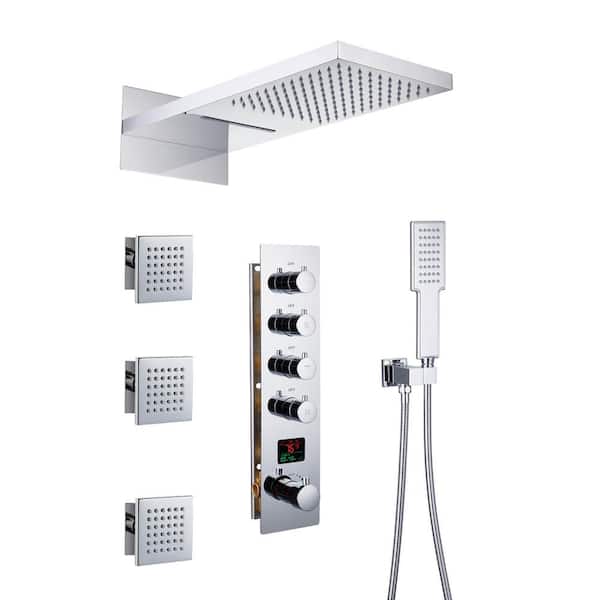 Unbranded Luxury Temperature Display 4-Spray Patterns Thermostatic 22 in. Wall Mount Rain Dual Shower Heads with 3-Jet in Chrome