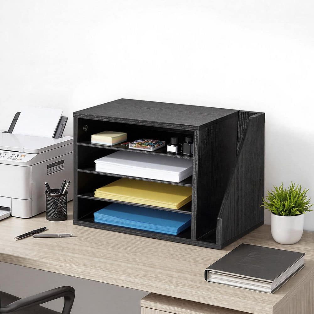 Wooden Literature Organizer with 4 Adjustable Compartments, Mail Sorter 11.02 in. H x 9.25 in. W Black Desk Accessories