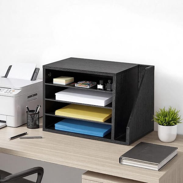 Wooden Literature Organizer with 4 Adjustable Compartments, Mail Sorter 11.02 in. H x 9.25 in. W Black Desk Accessories