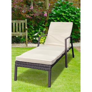 Brown Rattan Wicker Outdoor Patio Chaise Lounge Chairs with Beige Cushion
