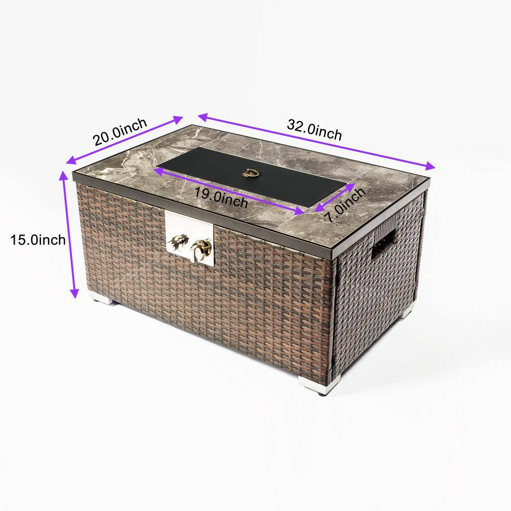 Brown 32-Inch Rectangular Rattan Propane Fire Pit Table