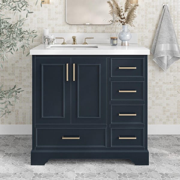 ARIEL Stafford 37 in. W x 22 in. D x 36 in. H Left Single Sink Bath Vanity in Midnight Blue with Pure White Quartz Top