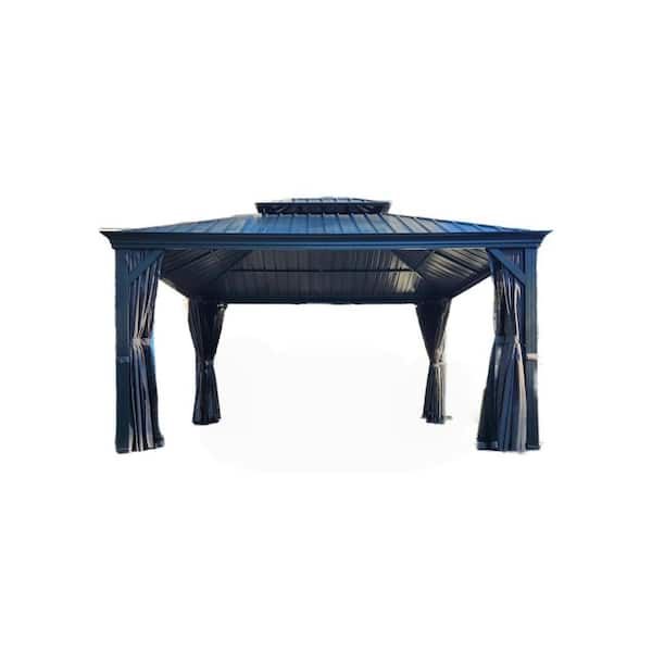 12 ft. x 14 ft. Grey Outdoor Hardtop Gazebo with Galvanized Steel Double Roof, Aluminum Frame, Curtains & Netting