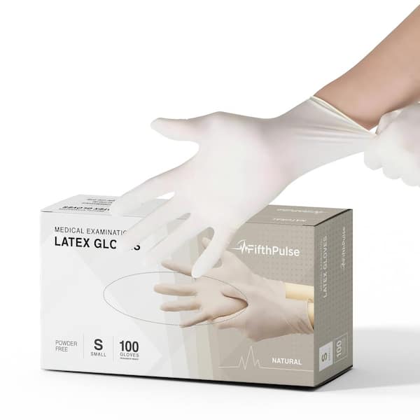 FifthPulse Small - Latex Gloves, Powder Free - Medical Examination Disposable Gloves - Clear (Natural) - 100 Count
