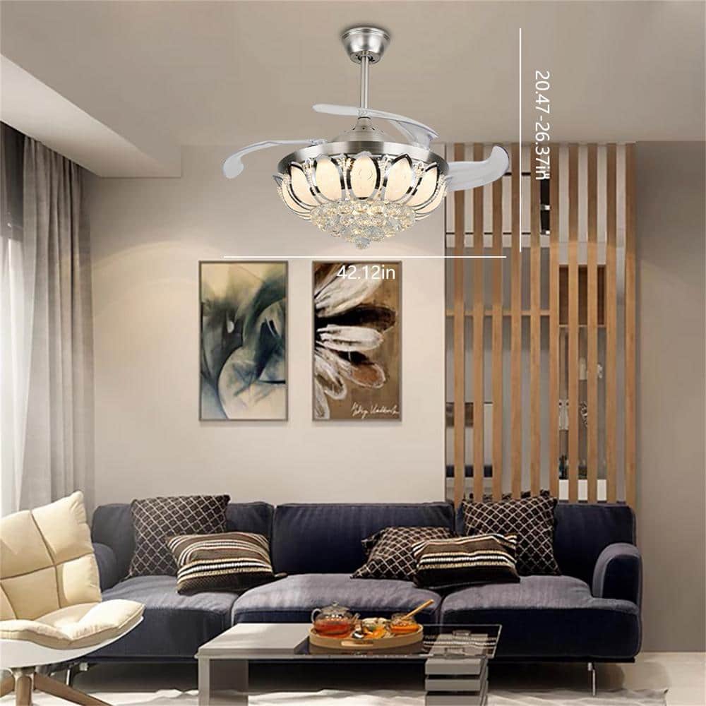 42" Silver Modern LED Crystal Chandelier Ceiling Fan with Remote