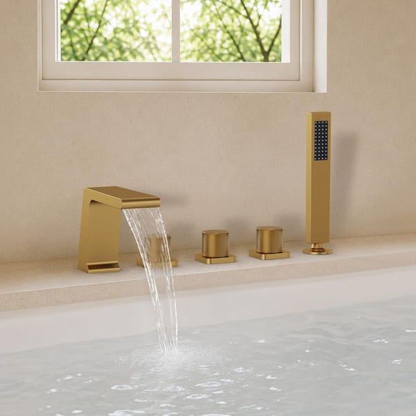 3-Handle Minimalist Roman Tub Faucet with Hand Shower in Brushed Gold