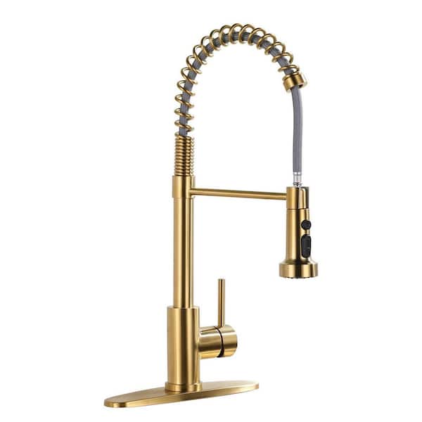 19 in. H Single Handle 360° Swivel Spout Pull Down Sprayer Kitchen Faucet with 3-Mode Spray in Brushed Gold