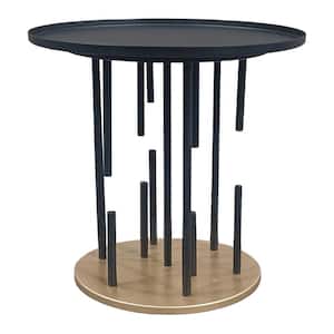 Neci 20 in. Black and Brass Round Metal Side End Table with Tray Top and Modern Rod Supports