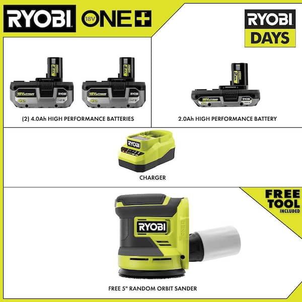 ONE+ 18V HIGH PERFORMANCE Kit w/ (2) 4.0 Ah Batteries, 2.0 Ah Battery, Charger, & FREE ONE+ 18V 5 in Random Orbit Sander