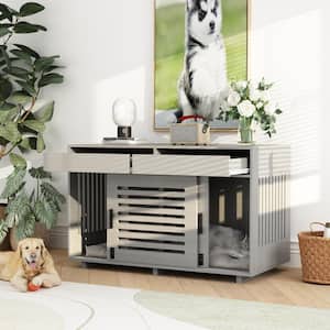 Dog Crate Furniture for Two Dogs, Heavy-Duty Wooden Dog Kennel with Double Slide Doors, End Table Dog Kennel Crate Gray