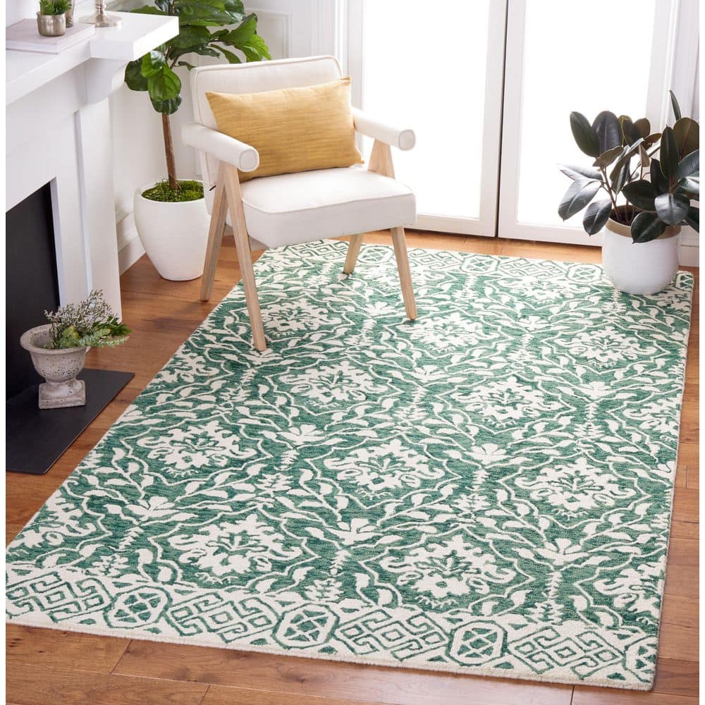 Ivory and Dark Green Wool Tufted Rectangular Area Rug