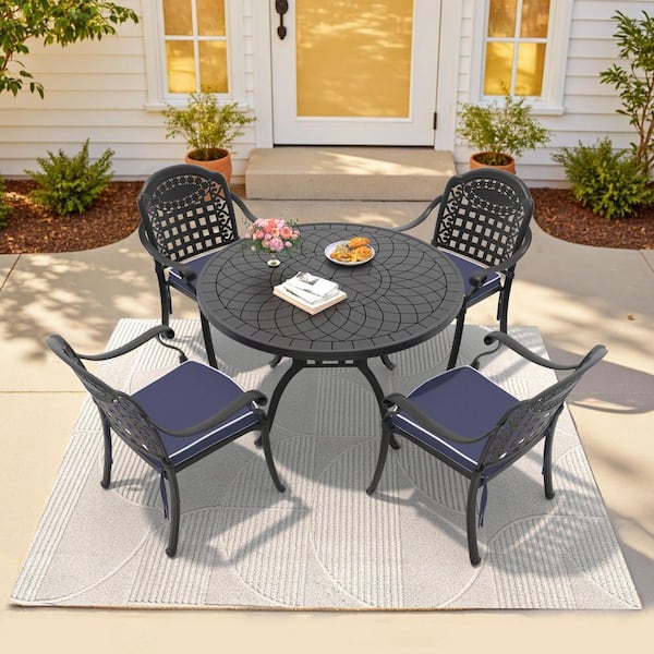 Isabella Black 5-Piece Cast Aluminum Outdoor Dining Set with Round Table and Dining Chairs and Blue Seat Cushion