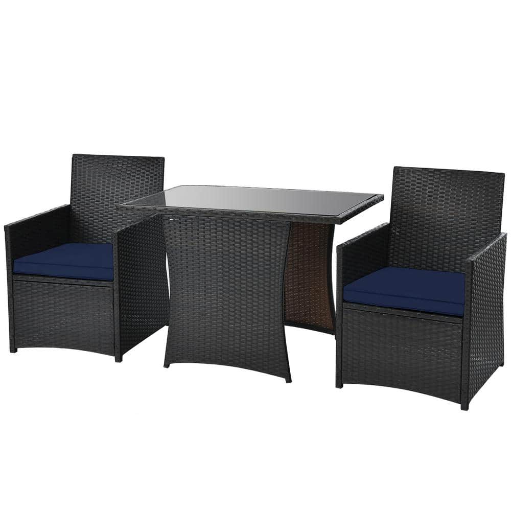 Navy 3-Piece Outdoor Patio Rattan Bistro Set with Cushions