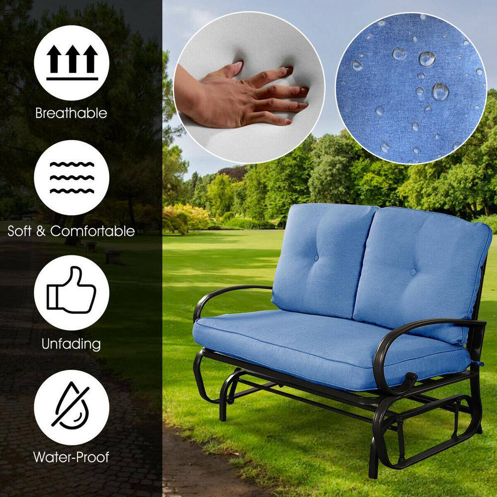 Blue Steel Outdoor Patio Rocking Bench Loveseat with Cushions