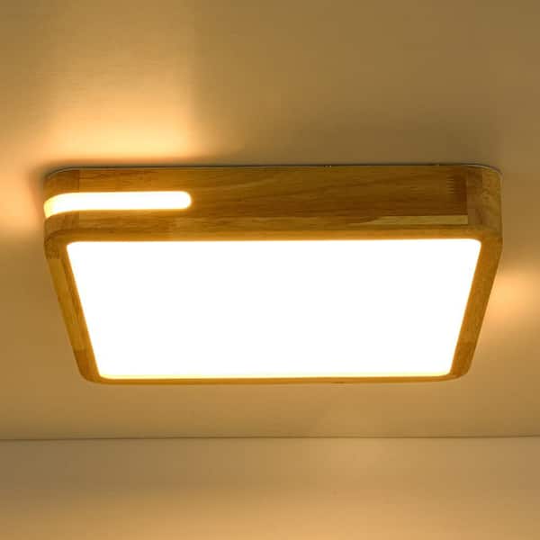 HUOKU Lumin 15.7 in. W Square Natural Oak Wood and Acrylic Flush