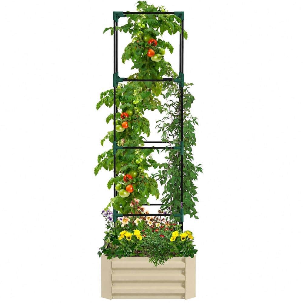 Galvanized Steel Raised Garden Bed with Adjustable Trellis Planter Box for Vegetables, Flowers, and Climbing Vines